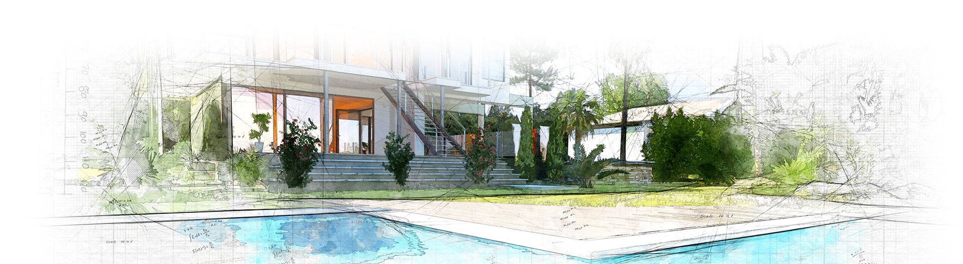 Zeichnung eines Hauses mit einem Pool