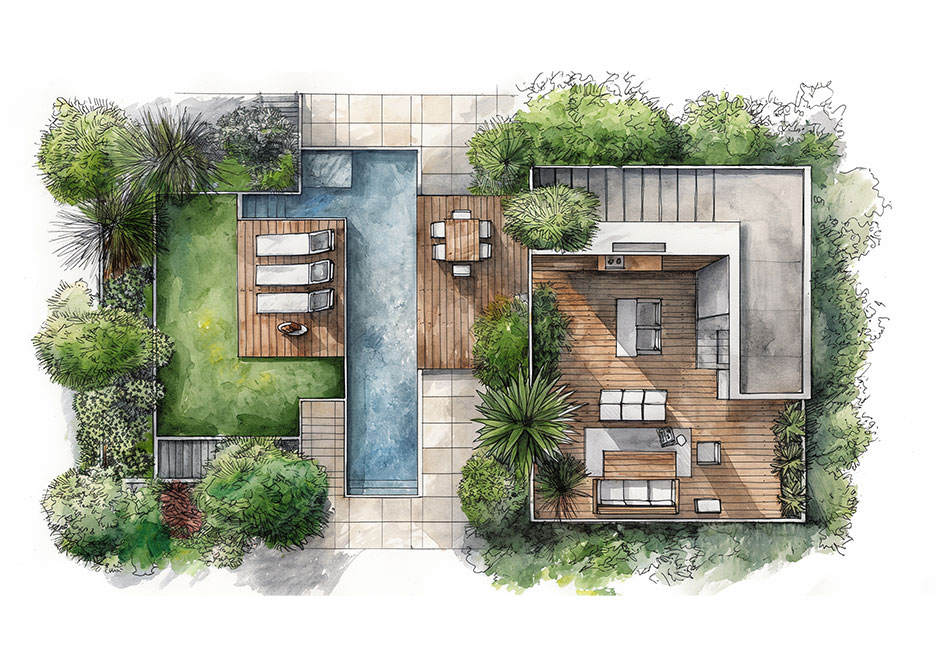 Zeichnung eines Hauses mit einem Garten, Terrasse und Pool aus der Vogelperspektive